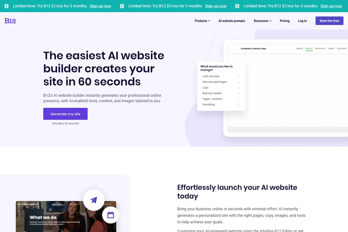 B12 AI website builder landing page showing a generated business website and customization options in a clean, modern interface.