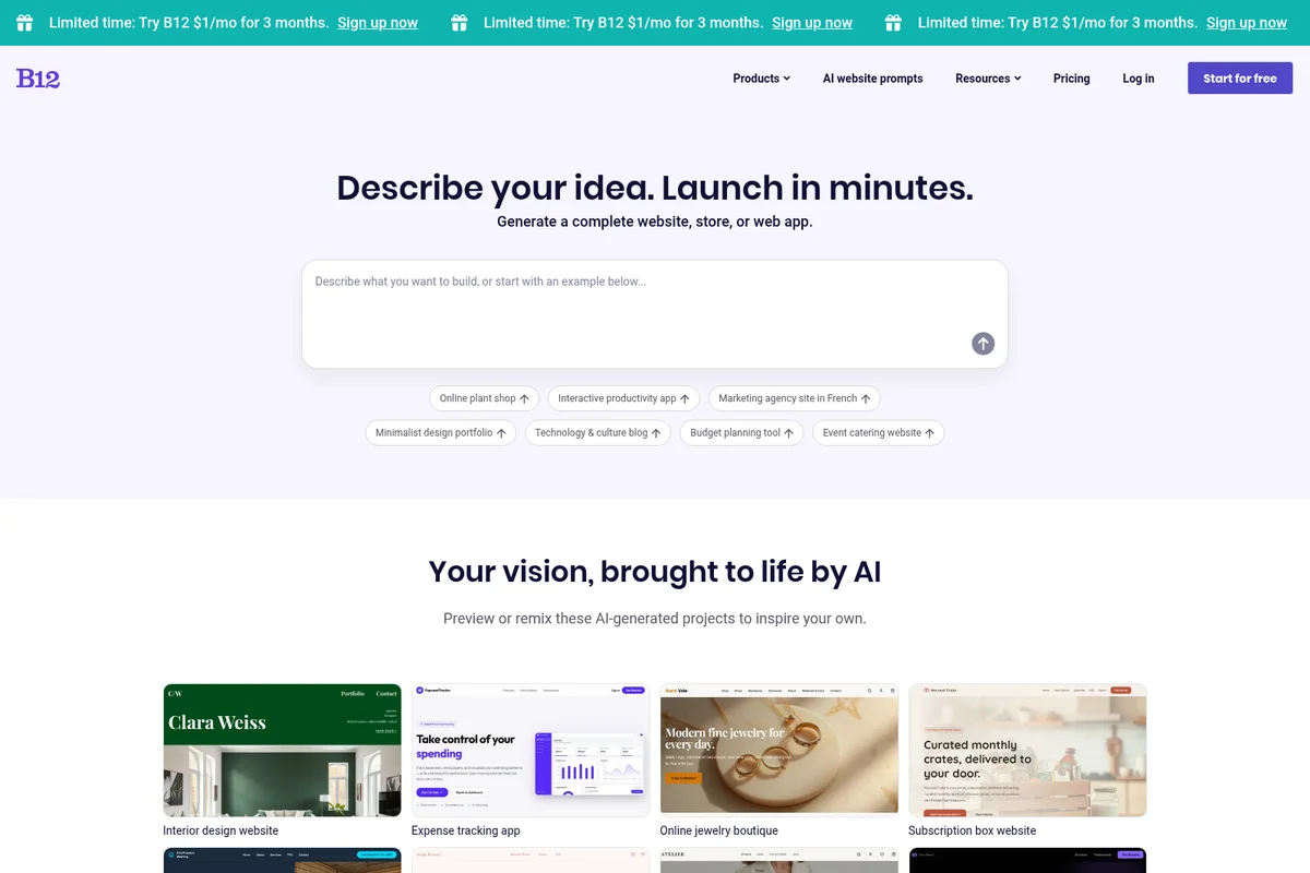 b12 homepage showing the idea input prompt for AI website generation, with examples of various AI-built websites and apps.