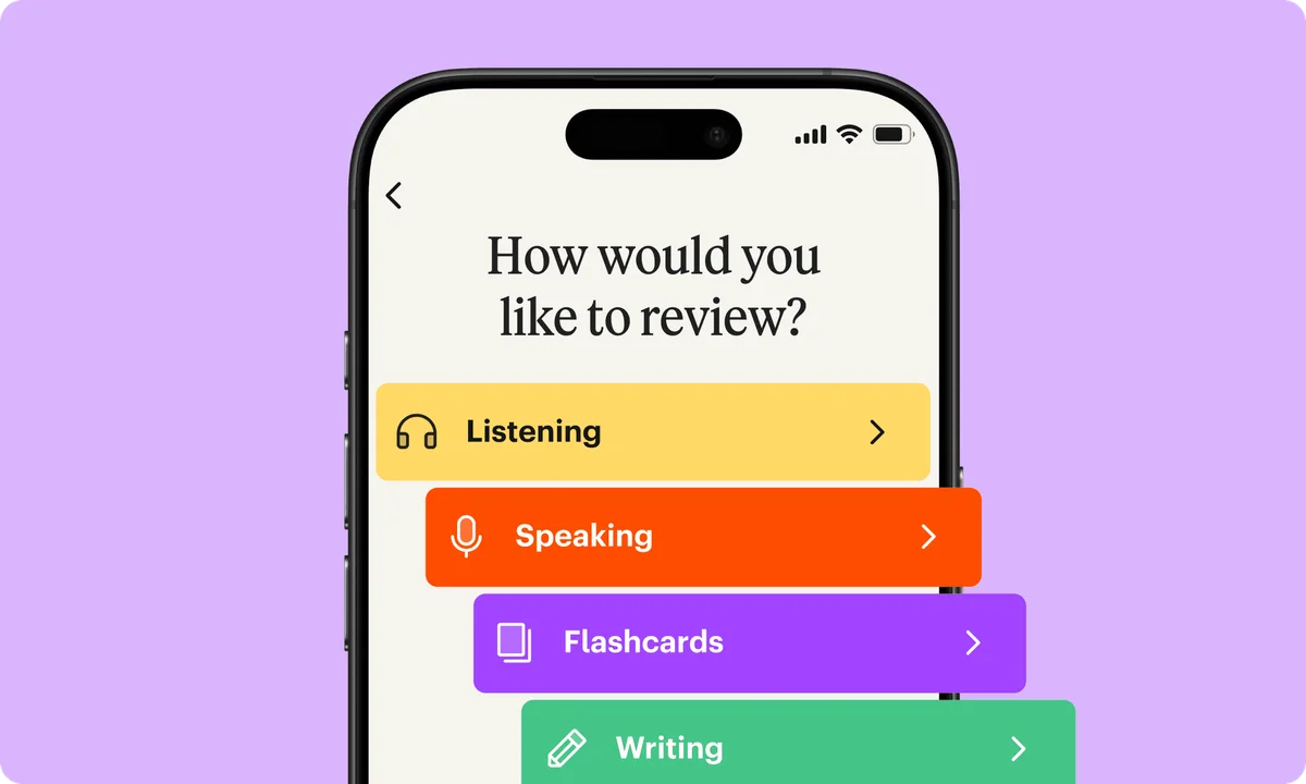 Babbel language learning app UI showing review method selection with listening, speaking, flashcards, and writing options in a colorful, modern interface.