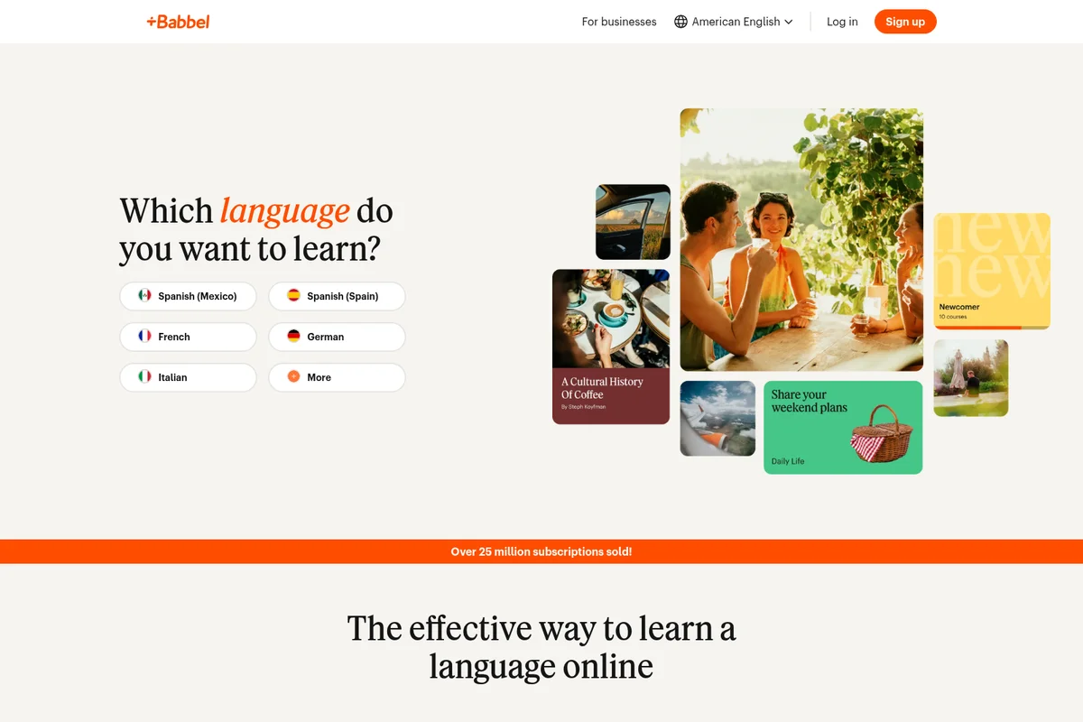 Babbel homepage showing language selection options with engaging lifestyle imagery and a signup call to action