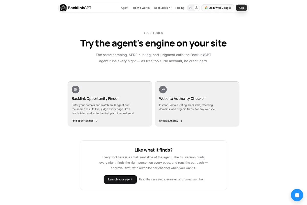BacklinkGPT free tools page showcasing a Backlink Opportunity Finder and a Website Authority Checker.