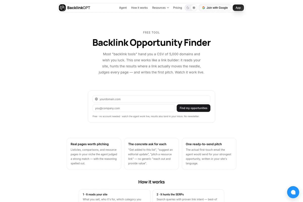 BacklinkGPT Backlink Opportunity Finder tool showing domain and email input fields for finding backlink opportunities with a clean, light-theme interface.