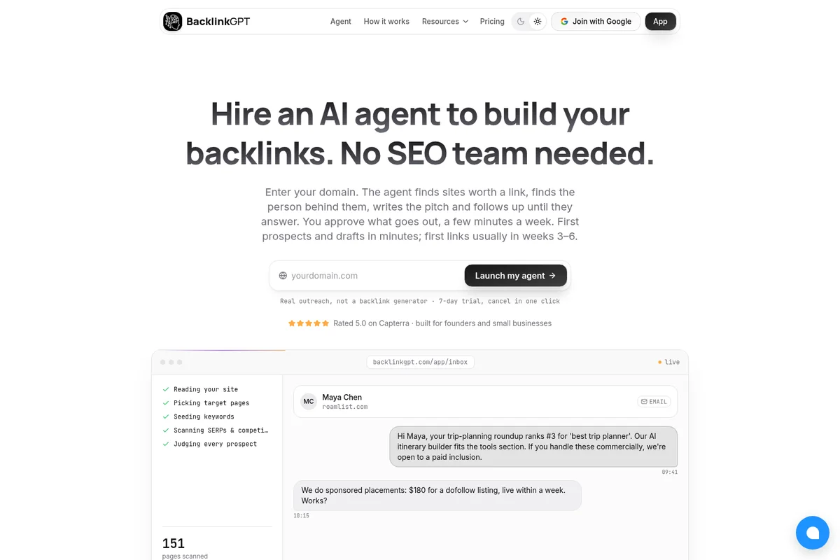 BacklinkGPT's AI agent inbox showing automated outreach and prospect communication for building backlinks in a clean light UI.