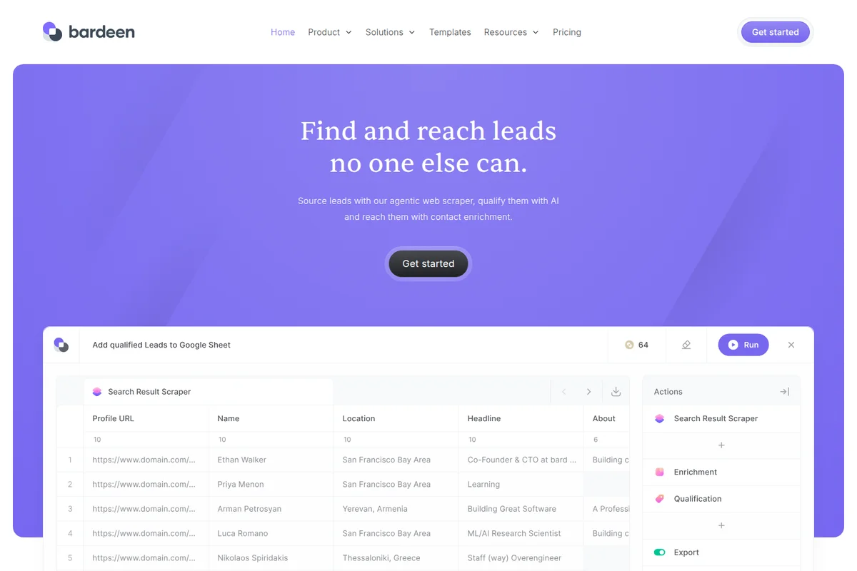 Bardeen homepage hero showcasing lead generation workflow with web scraping and AI enrichment in a modern purple interface.