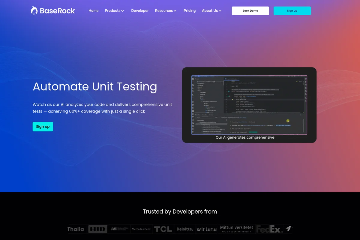 BaseRock AI landing page hero section showcasing AI-powered unit test automation and generated test results within an IDE.