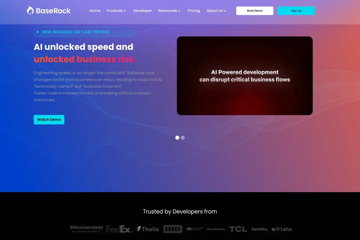 BaseRock AI homepage hero section highlighting AI's impact on business risk, featuring a vibrant gradient background and a video demo placeholder.