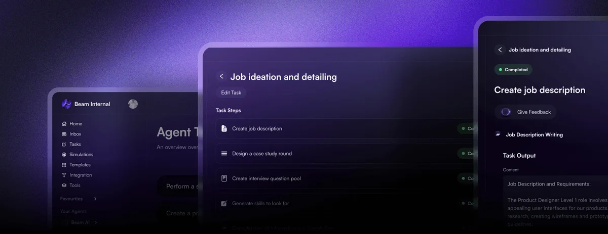 Beam Internal AI workspace UI showing job ideation and detailing tasks with a dark-mode frosted glass interface.