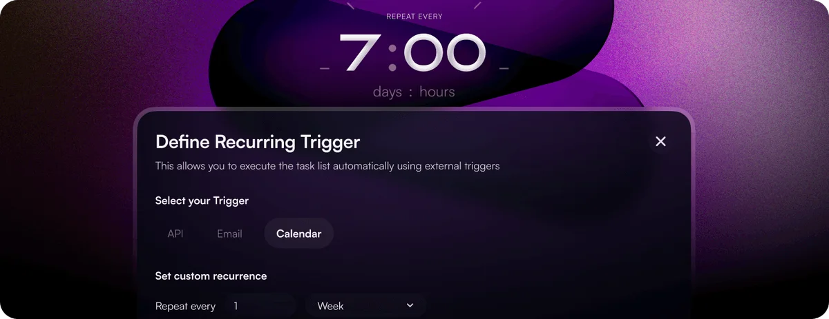 beam-ai recurring trigger configuration showing calendar selection for automated task scheduling with a dark-mode interface.