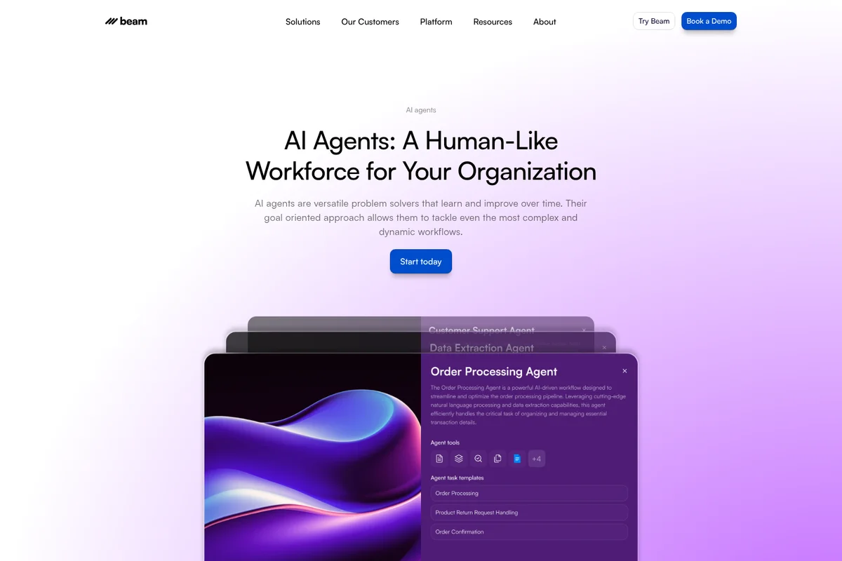 beam-ai AI agents landing page showcasing various AI agent types and their capabilities with a modern layered UI.
