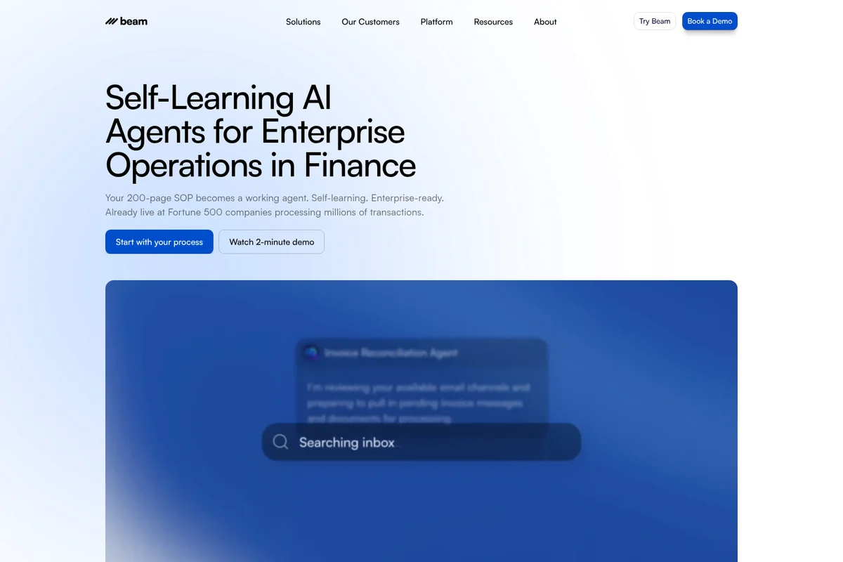 beam homepage hero section showcasing an 'Invoice Reconciliation Agent' actively searching an inbox with a modern blue gradient interface.