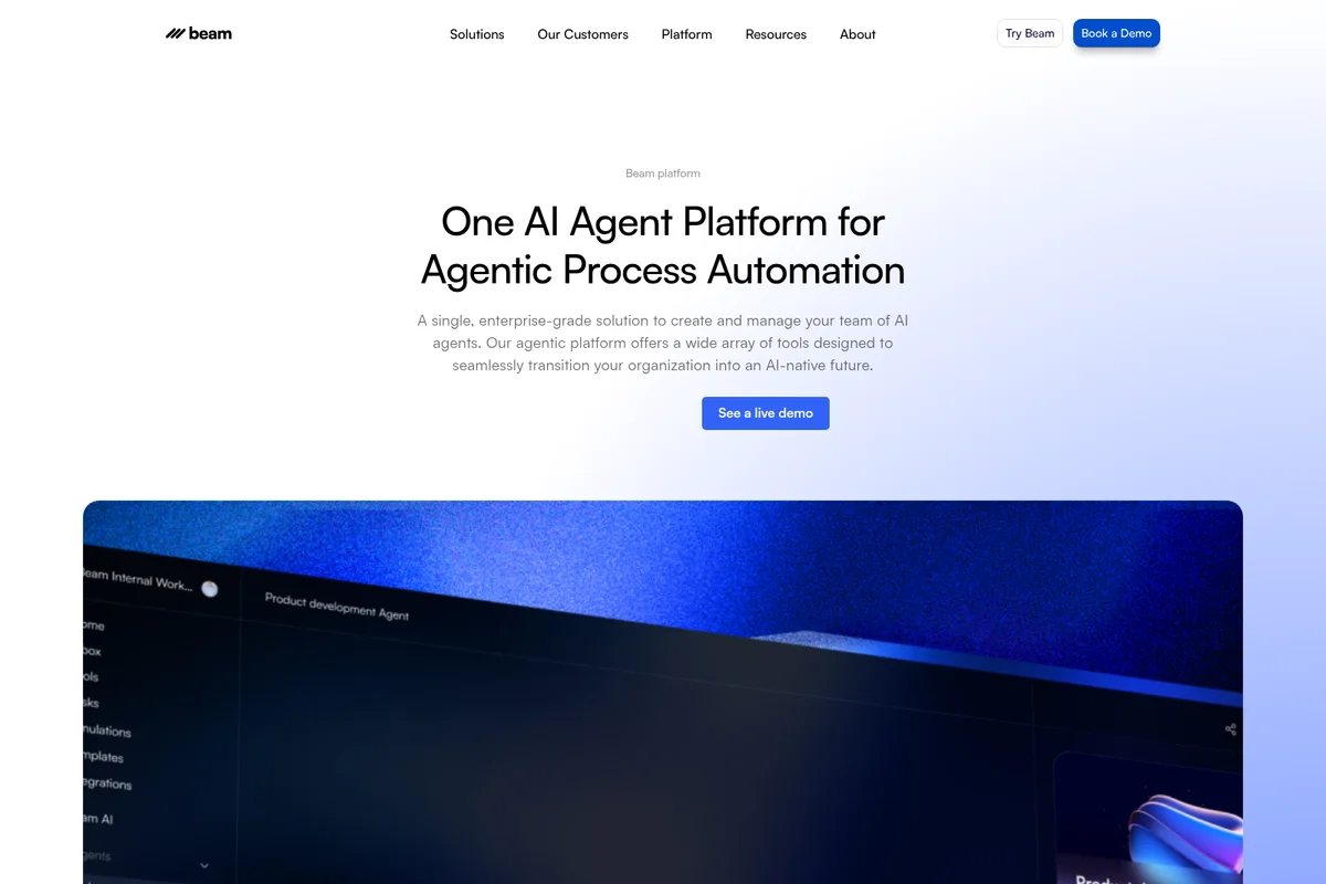 Beam AI platform overview showing the hero section and a partial view of the agent management workspace with a dark interface.