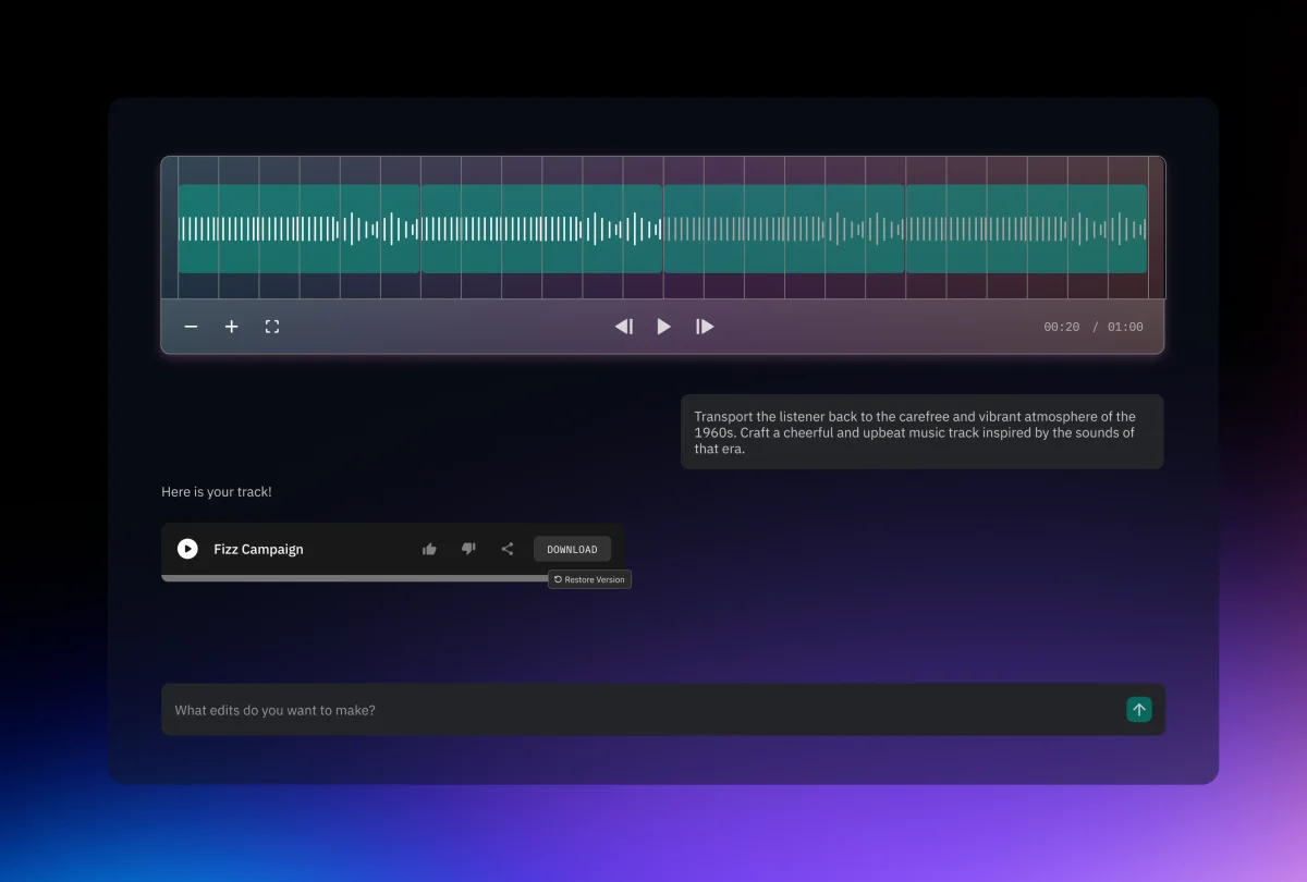 Beatoven.ai workspace showing an AI-generated music track waveform with playback and editing controls in a sleek dark mode.