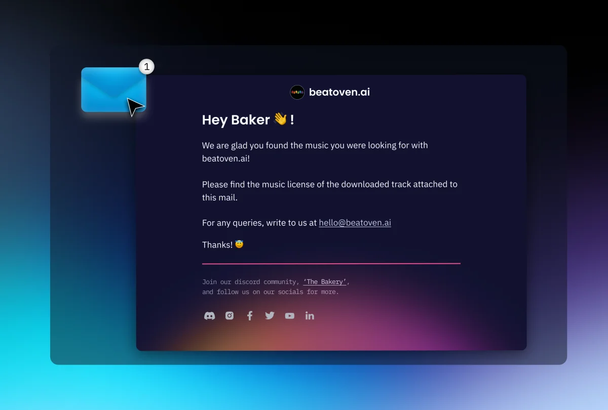Beatoven.ai email notification showing a music license confirmation for Baker within a modern dark-themed email client.