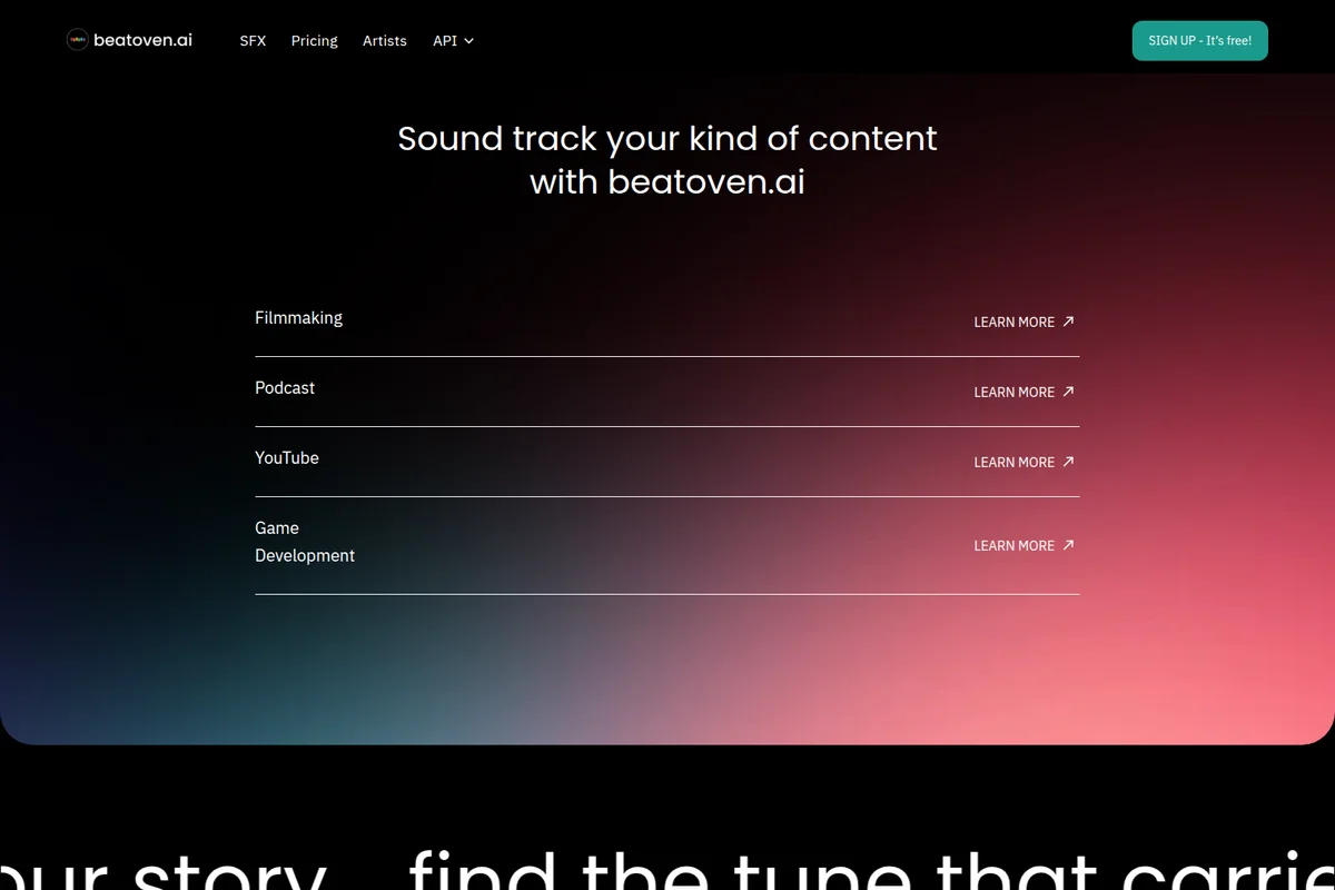 Beatoven.ai use cases page showing content types like Filmmaking and Podcast with a modern dark gradient interface.
