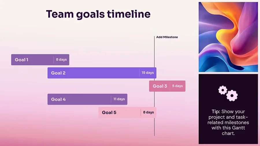 Beautiful.ai team goals timeline presentation slide displaying project tasks, durations, and milestones with a modern design.