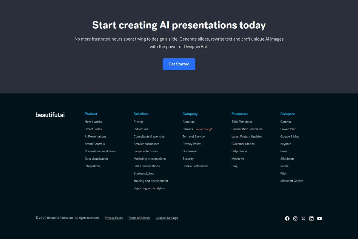 Beautiful.ai landing page encouraging users to create AI presentations with a dark-themed marketing banner and detailed footer.