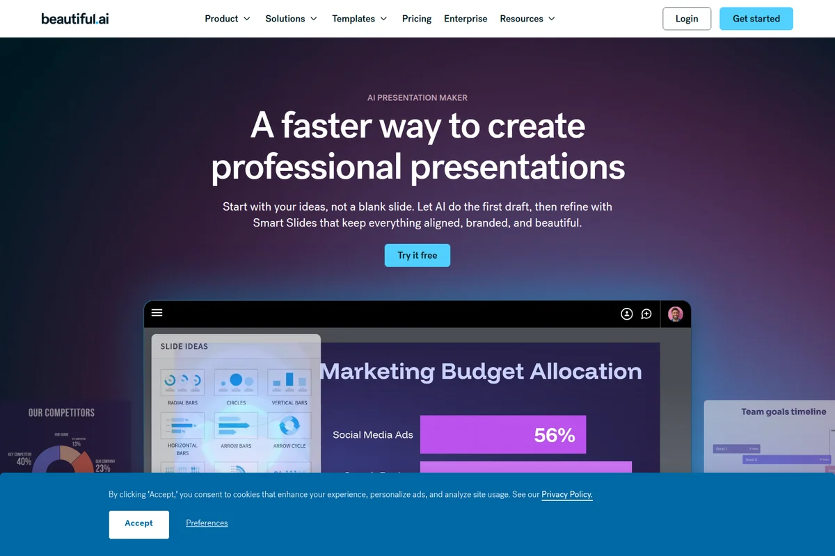 Beautiful.ai homepage hero with AI presentation maker slogan and embedded product UI for creating professional slides, partially obscured by a cookie banner.