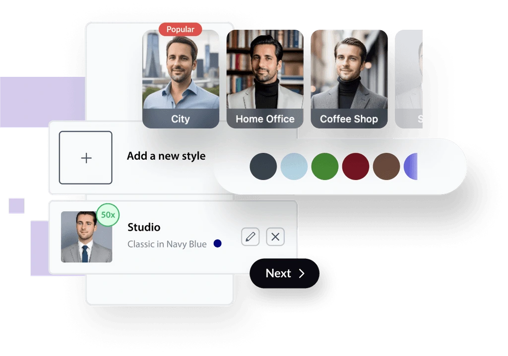betterpic feature-deep-dive showing selection of AI-generated headshot styles and backgrounds in a clean, card-based UI.