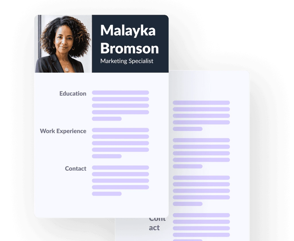 Betterpic resume builder workspace showing a modern professional resume template with profile photo and structured sections.