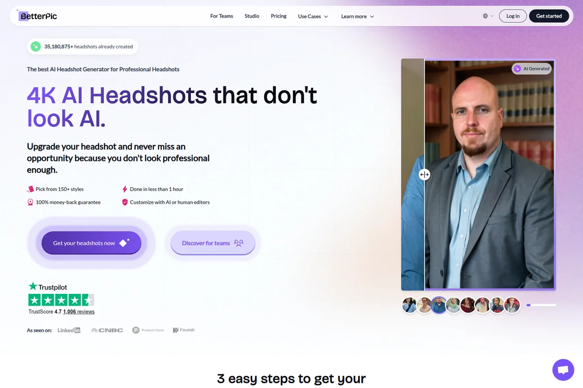 BetterPic landing page hero showing AI-generated professional headshot results with a clean modern interface.