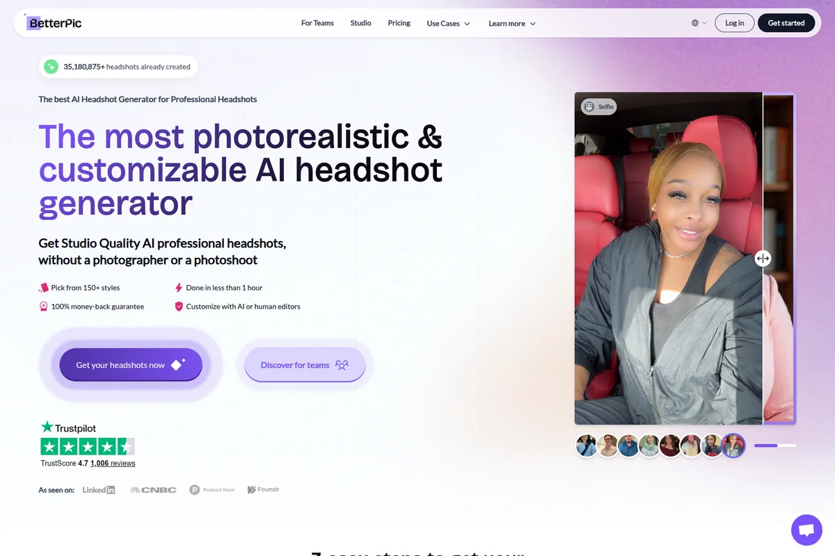 BetterPic homepage showing a user's selfie input for AI headshot generation with a modern, clean interface