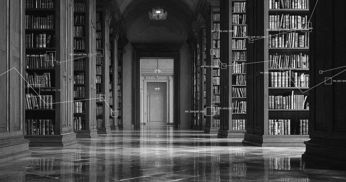 bigdata-com data analysis visualization of a vast library's books with numerical data point overlays in a monochrome style.