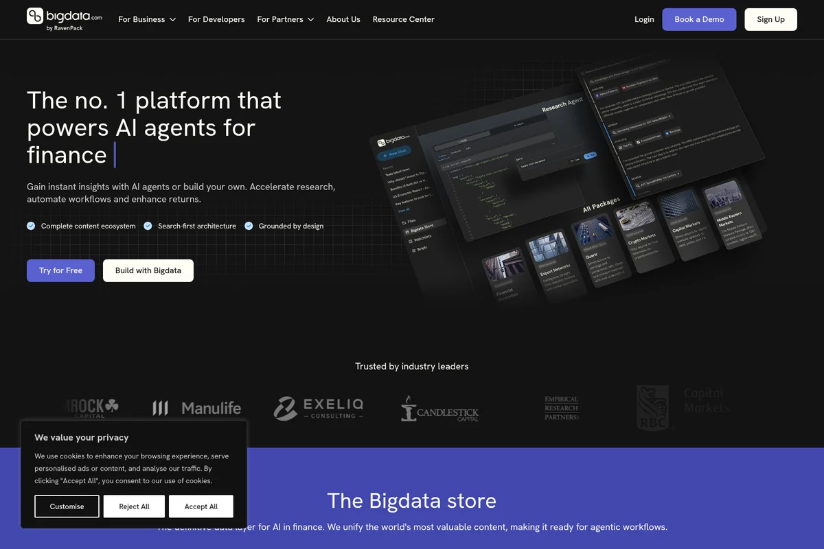 Bigdata.com homepage hero showing an AI agents for finance platform with a dark-mode sleek interface.