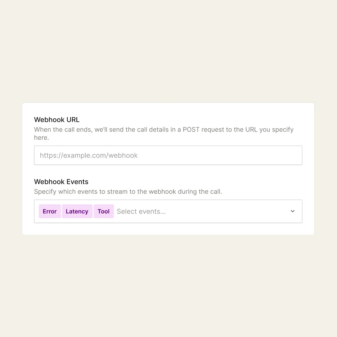 Bland AI integration panel showing webhook URL and event configuration with a clean light-mode interface.