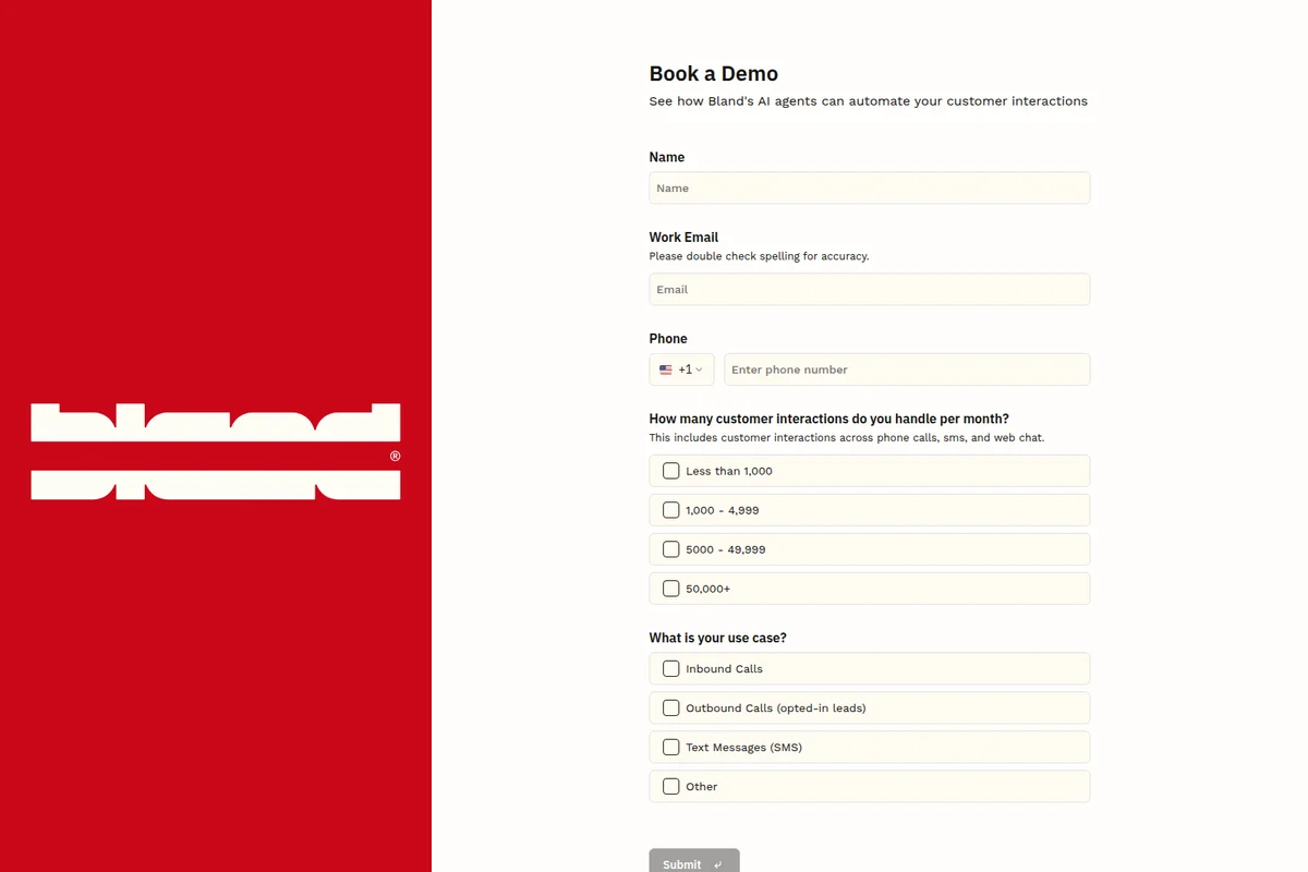 Bland AI demo booking form showing name, email, phone, customer interaction volume, and use case fields on a clean white background.