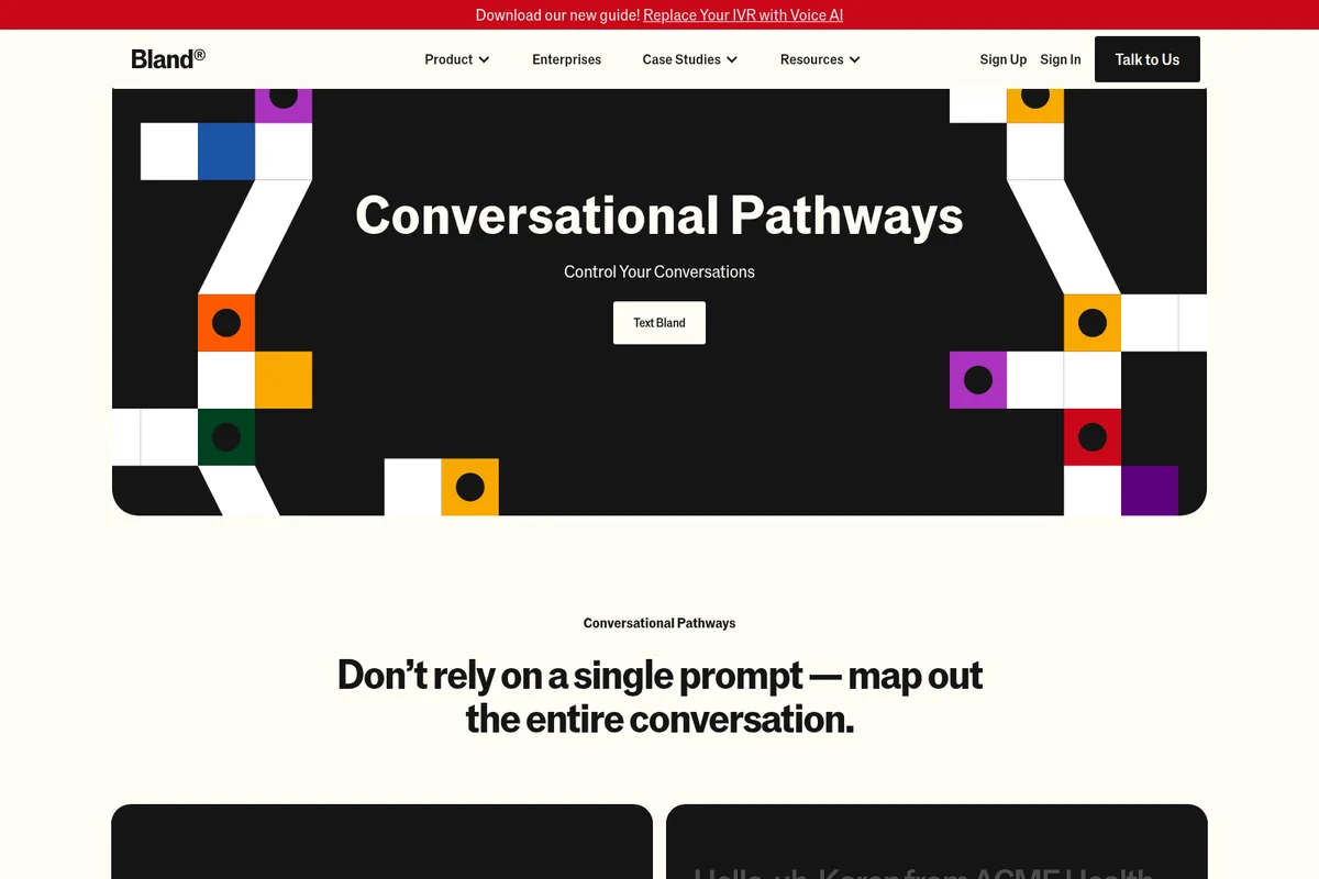 Bland AI landing hero showing conversational pathways graphic with a dark-themed geometric design.