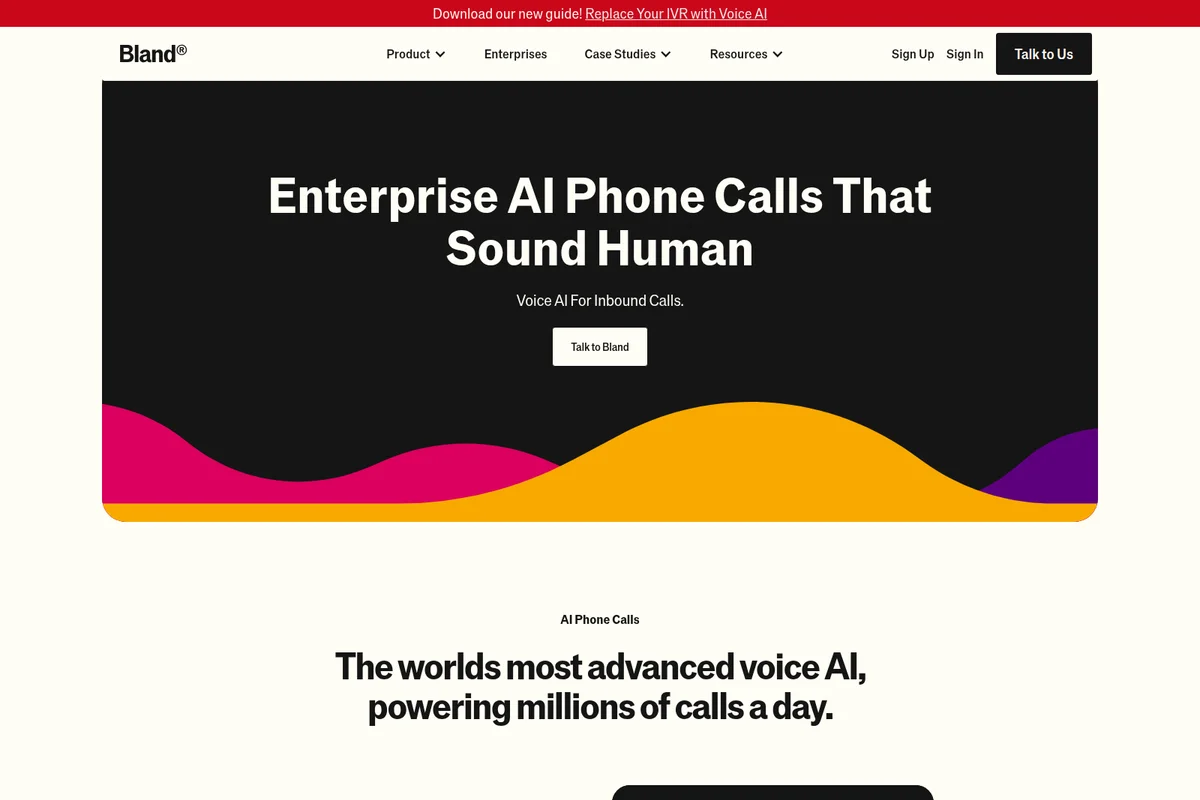 Bland AI landing-hero promoting enterprise AI phone calls that sound human with a dark-themed modern interface.