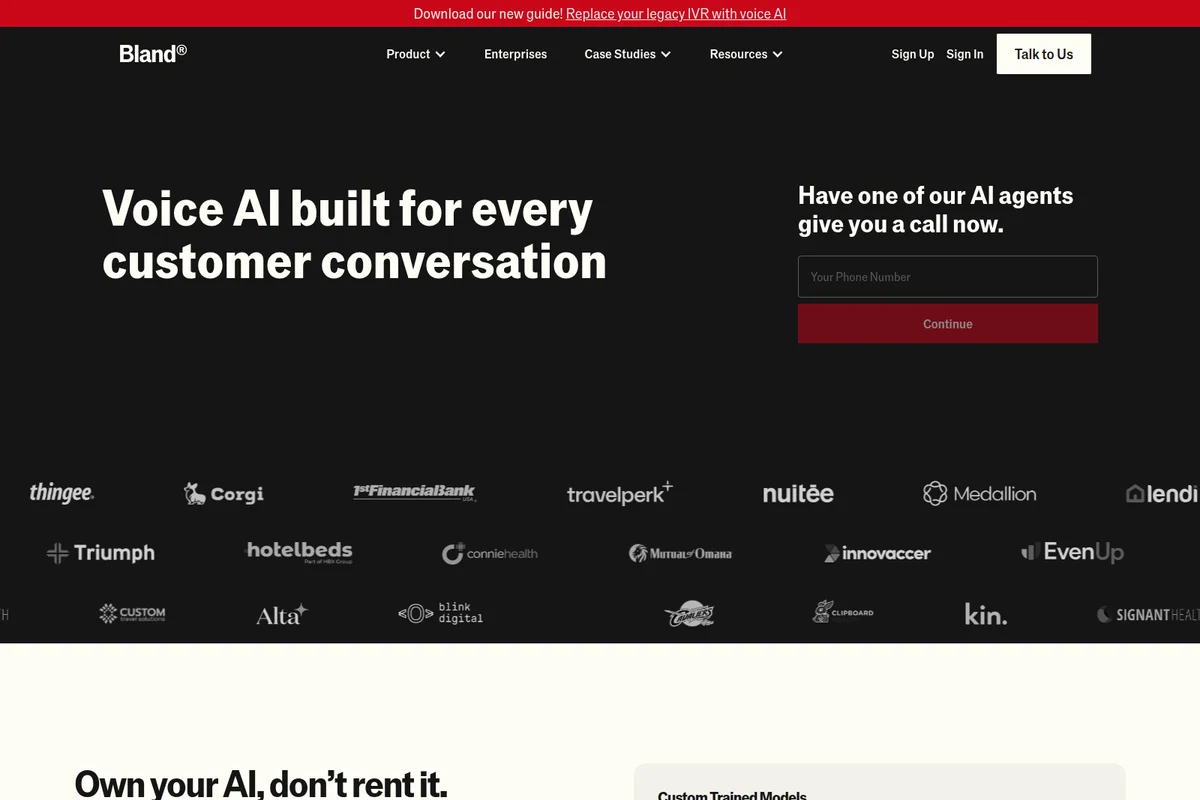 Bland AI homepage promoting Voice AI for customer conversations, featuring a call-back form for an AI agent and client logos on a sleek dark interface.