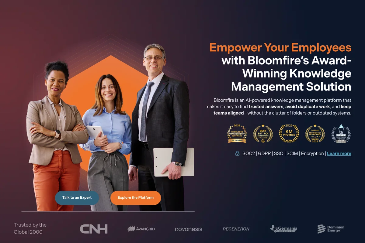Bloomfire landing hero promoting award-winning knowledge management solution with smiling professionals and trust badges.