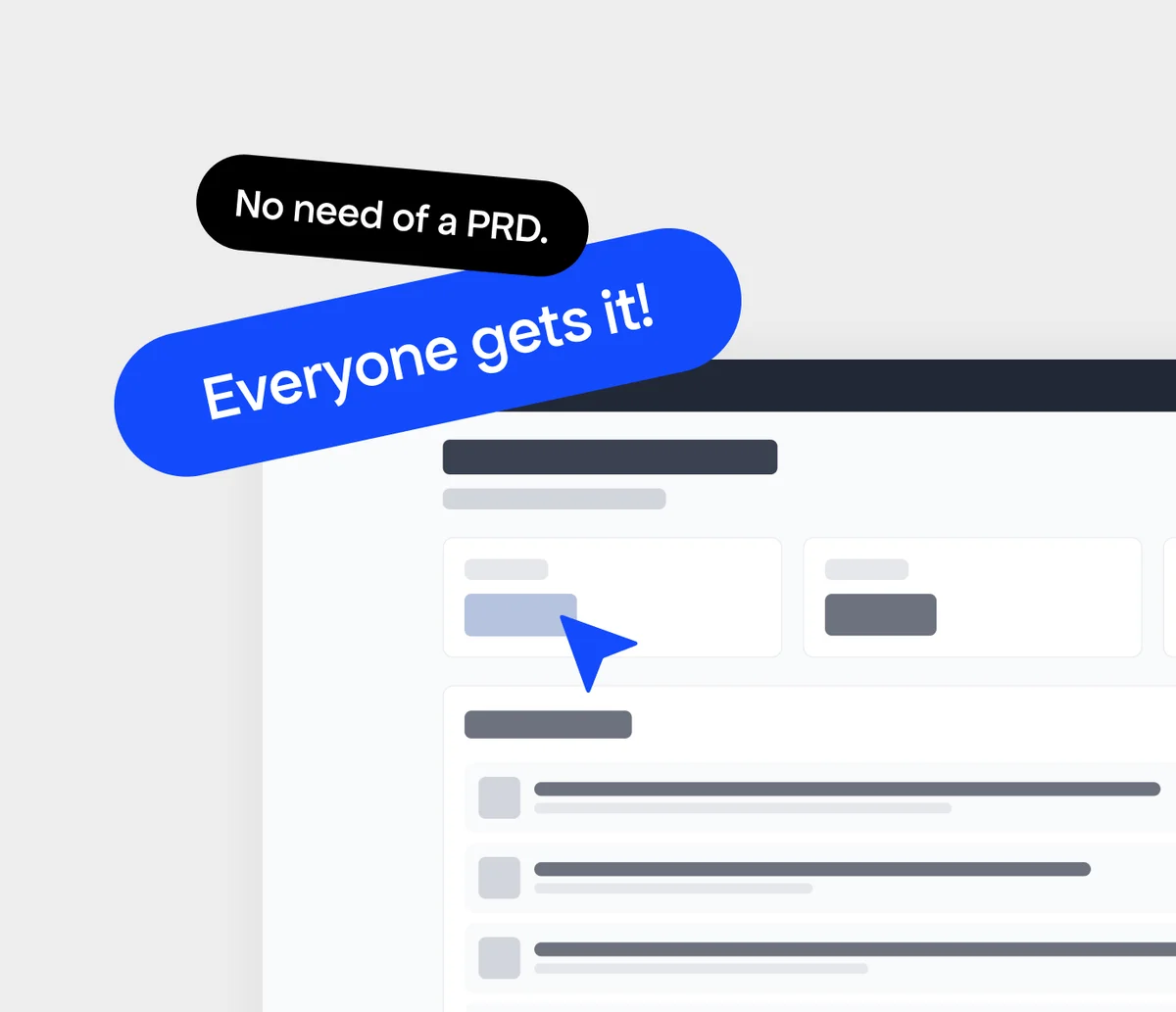 bolt-new workspace showing a cursor selecting a UI element, with speech bubbles highlighting 'No need of a PRD. Everyone gets it!'