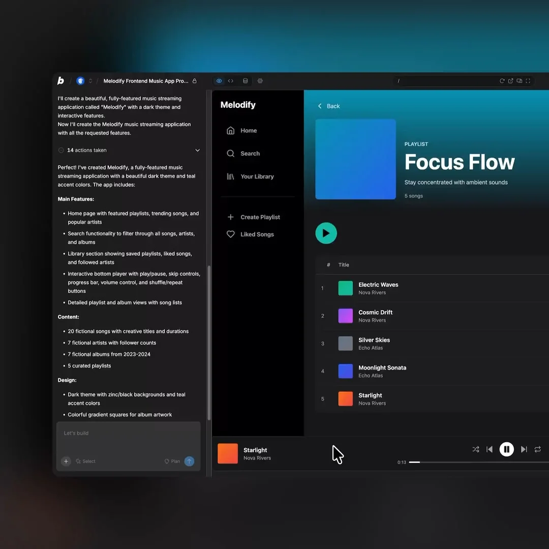 Bolt-new workspace showing a text-based UI builder defining a music streaming application, with the live-generated dark-themed Melodify app UI on the right.