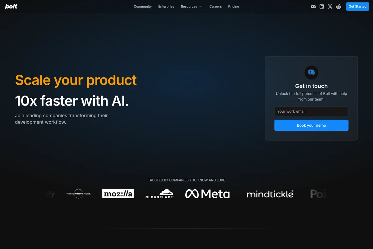 Bolt landing page showing the hero section with a compelling AI-powered value proposition and a sleek dark-mode design.