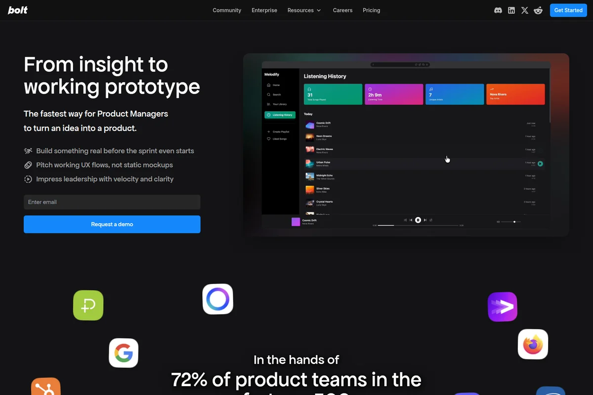 Bolt product showcase demonstrating rapid prototype development via a music app's listening history in a dark-mode UI.