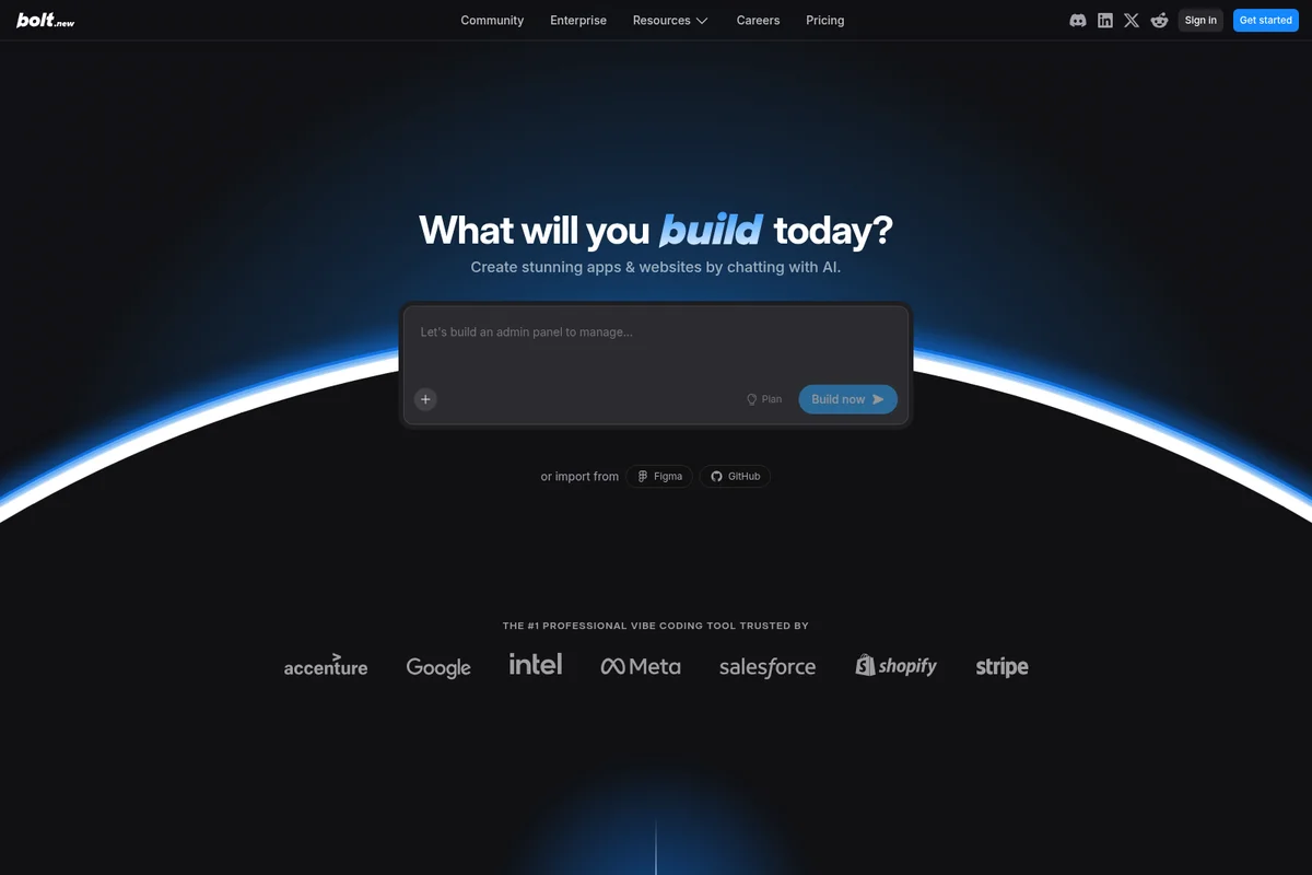 bolt.new homepage hero section featuring an AI prompt for building apps and websites with a dark-mode interface.