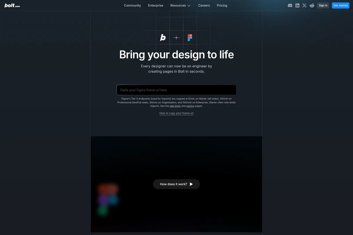 Bolt workspace showing the Figma frame URL input for design conversion with a modern dark-themed interface.