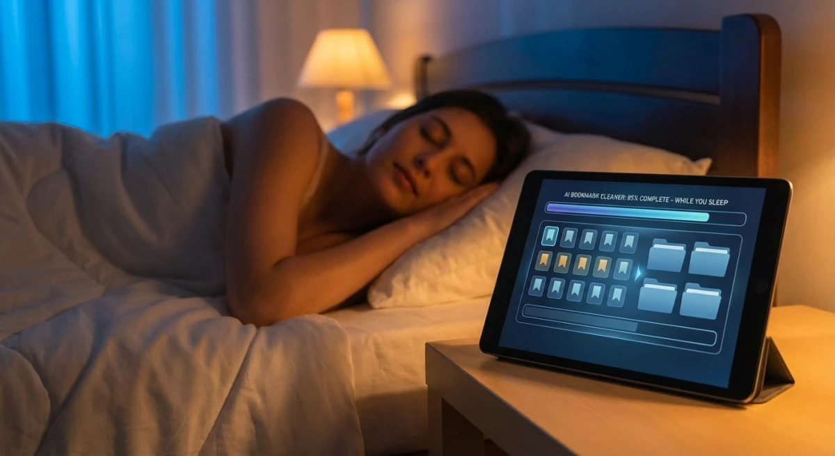 bookmarkjar AI bookmark cleaner automatically organizing digital bookmarks on a modern tablet display while the user sleeps.