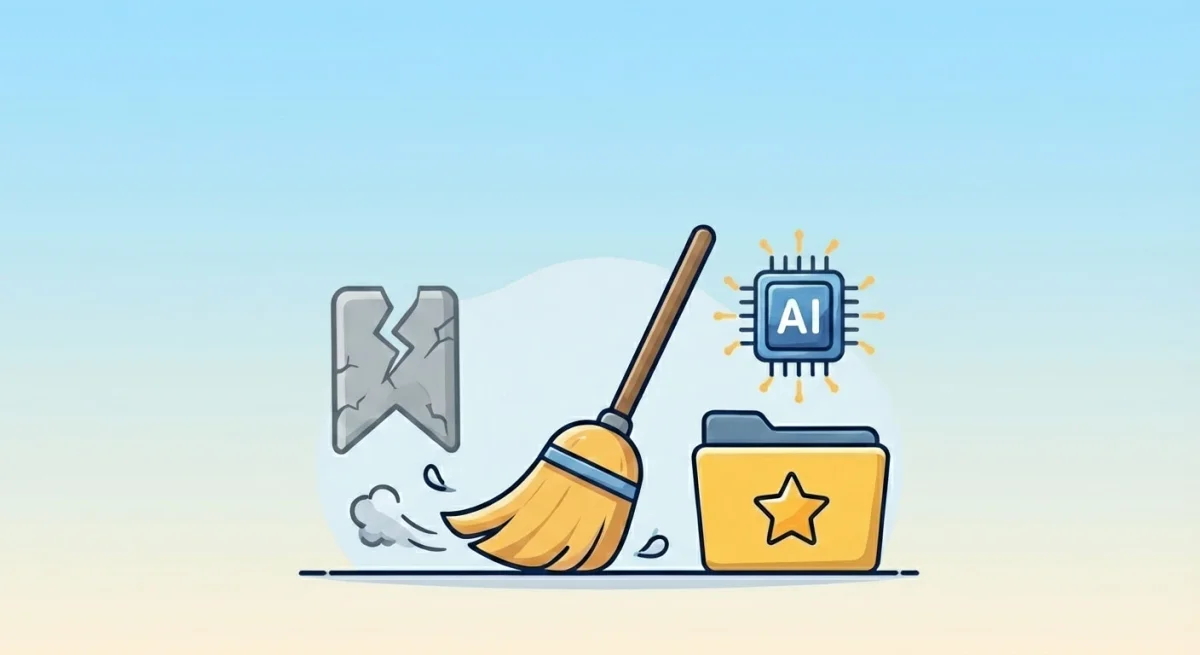 bookmarkjar feature deep-dive showing AI-powered bookmark cleanup with a cheerful cartoon illustration.