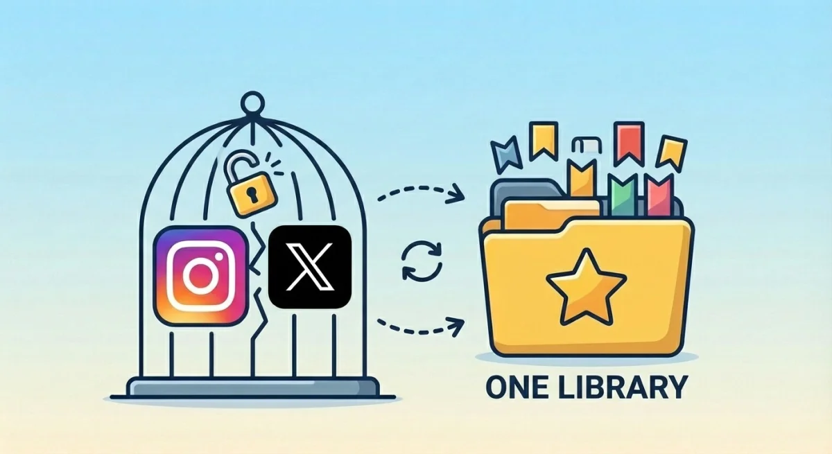 bookmarkjar conceptual illustration showing content liberation from social media apps into a unified library with a clean, cartoon-like aesthetic.