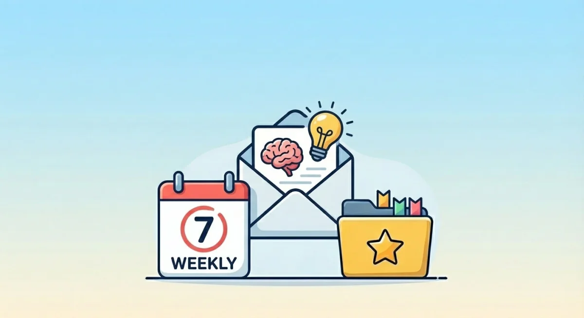 bookmarkjar conceptual illustration showing a calendar for weekly review, an envelope with ideas (brain and lightbulb), and a folder for organized bookmarks in a clean, friendly style.