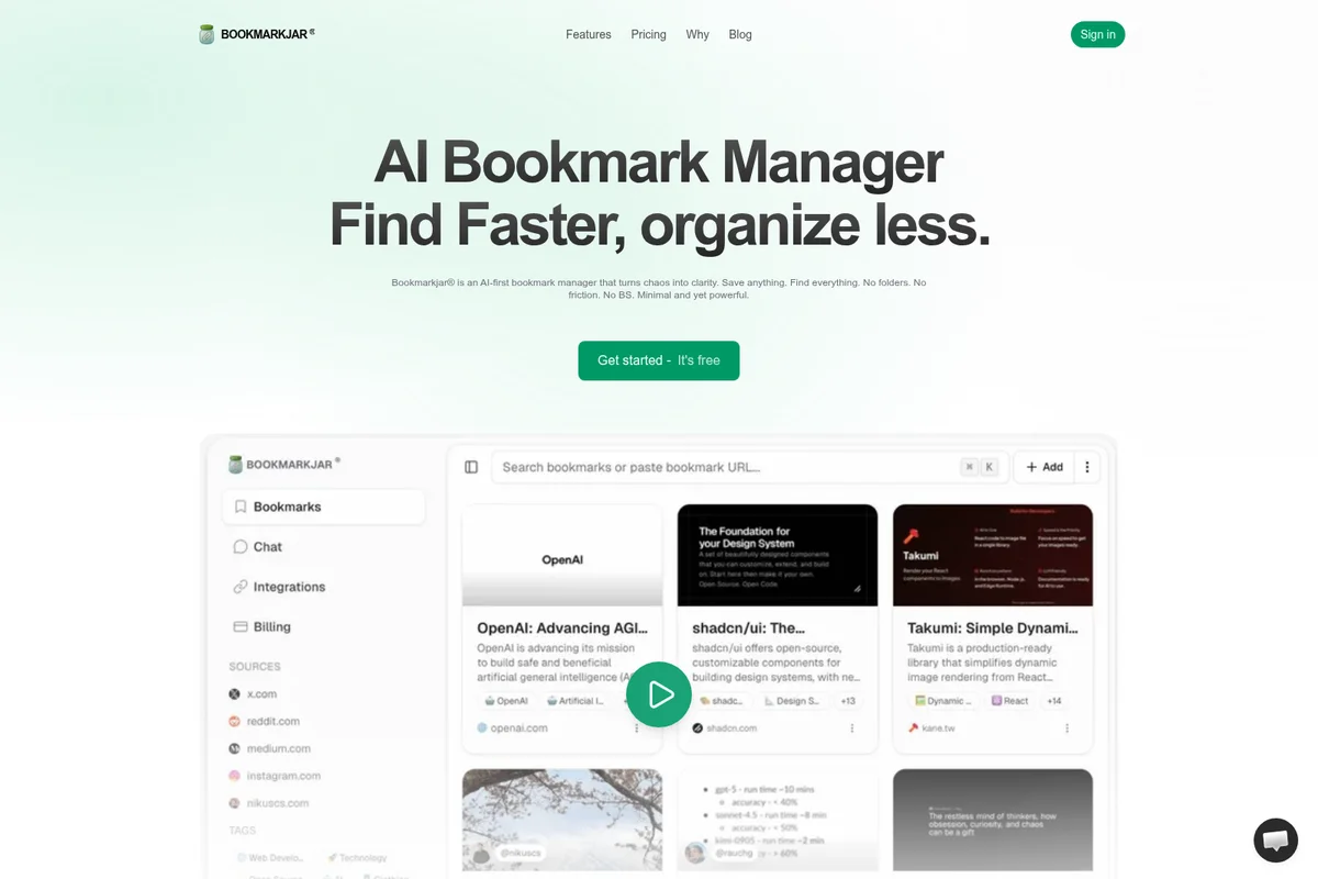 Bookmarkjar homepage showcasing the AI bookmark manager interface with organized links and rich previews in a clean light design.