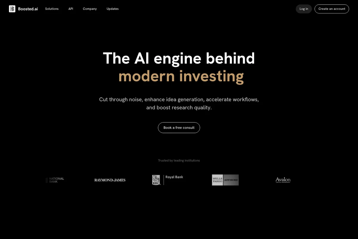 Boosted.ai homepage hero section introducing the AI engine for modern investing with a sleek dark-mode interface.