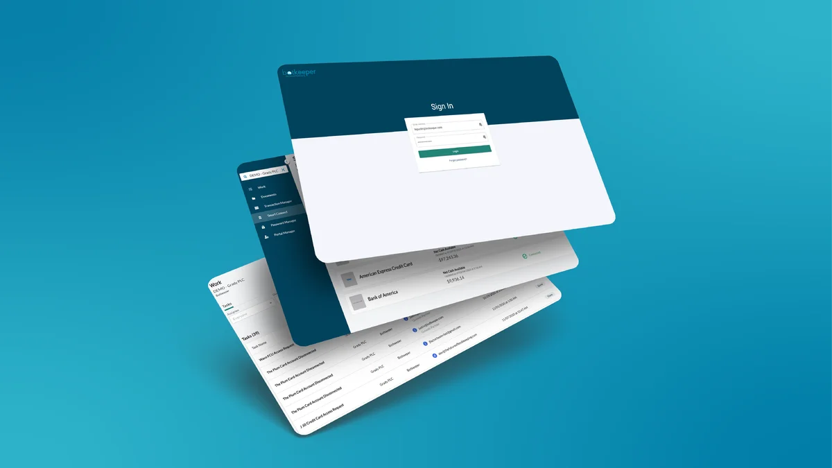 Botkeeper accounting workspace showing layered views of login, account balances, and task management in a clean, professional interface.