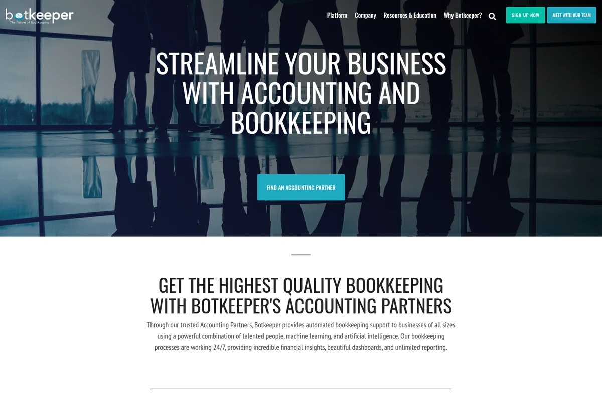 Botkeeper landing page showing a hero section with business silhouettes and the headline 'Streamline your business with accounting and bookkeeping' on a modern dark-themed interface.