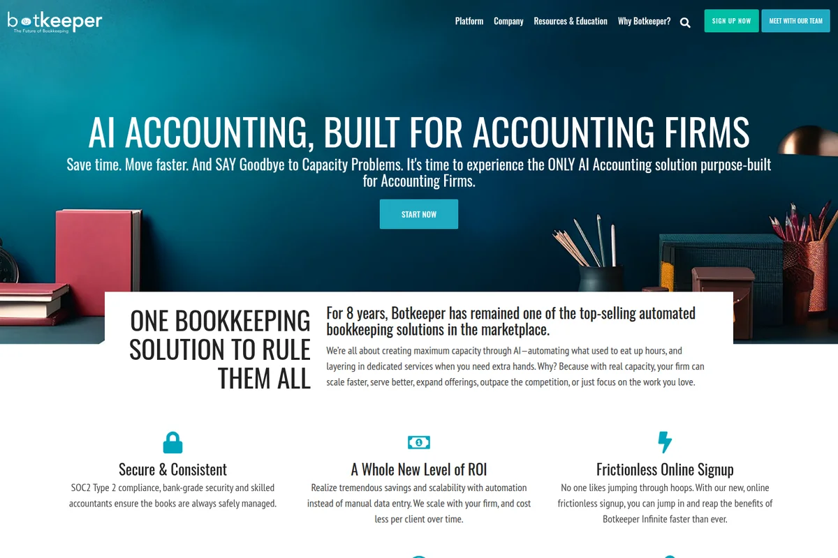 Botkeeper homepage hero section promoting AI Accounting for firms with a professional office aesthetic.