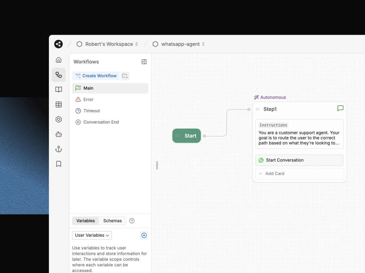 Botpress workspace UI showing a conversational AI workflow with 'Start' and 'Autonomous Step1' nodes on a grid canvas.