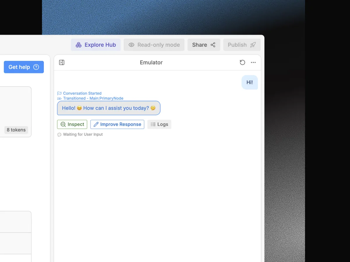 Botpress bot emulator showing a conversation with bot and user responses, alongside debug and improvement options in a clean light-mode interface.